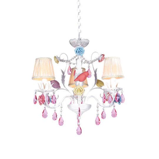 Fabric White Suspension Light Pleated Shade 3/8 Lights Korean Garden Pendant Chandelier With Pink