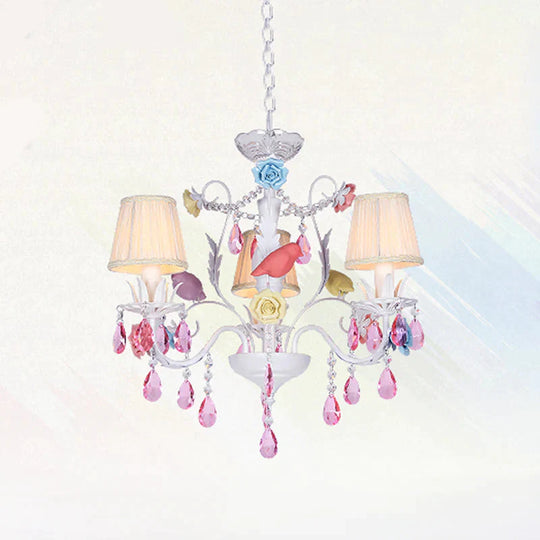 Fabric White Suspension Light Pleated Shade 3/8 Lights Korean Garden Pendant Chandelier With Pink