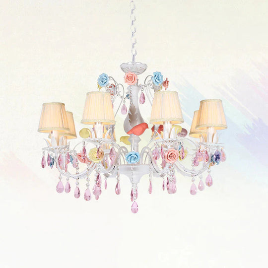 Fabric White Suspension Light Pleated Shade 3/8 Lights Korean Garden Pendant Chandelier With Pink