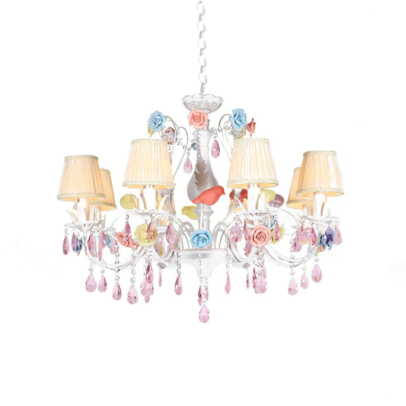 Fabric White Suspension Light Pleated Shade 3/8 Lights Korean Garden Pendant Chandelier With Pink