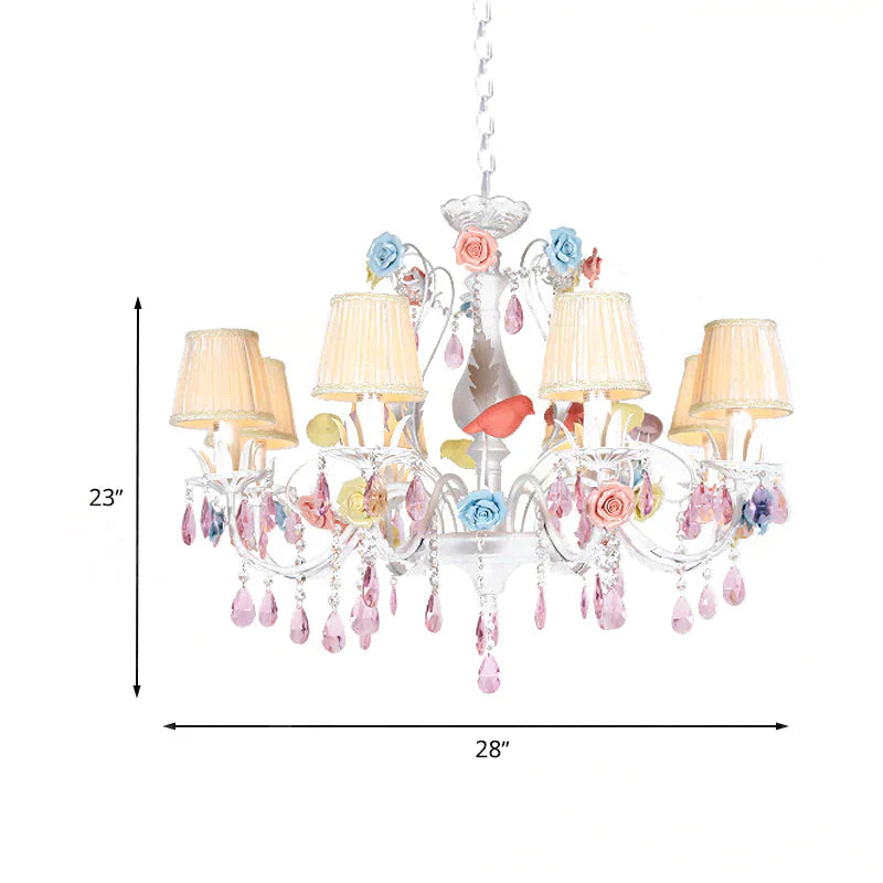 Fabric White Suspension Light Pleated Shade 3/8 Lights Korean Garden Pendant Chandelier With Pink