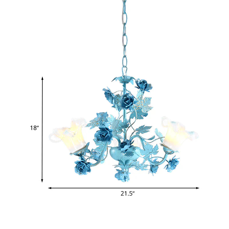 Metal Swooping Arm Suspension Lamp Korean Garden 3/6 Bulbs Bedroom Chandelier With Blue Flower And