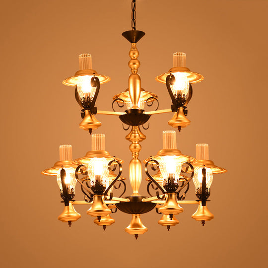 Algedi - Vintage Gold Lantern Hanging Chandelier 9 Lights Clear Ribbed Glass