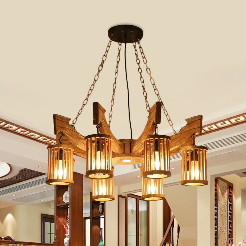 Nashira - Brown 6/8 - Head Cylinder Chandelier Lighting Fixture Industrial Wood Hanging Ceiling