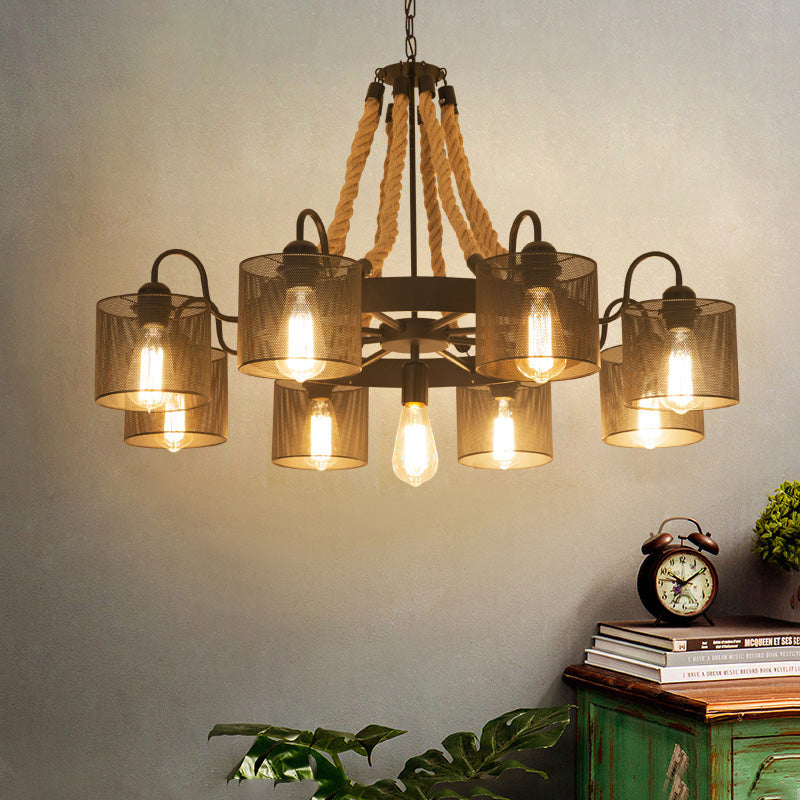 Marta - 9/13 - Light Metal Black Chandelier: Farmhouse Rope Pendant Fixture