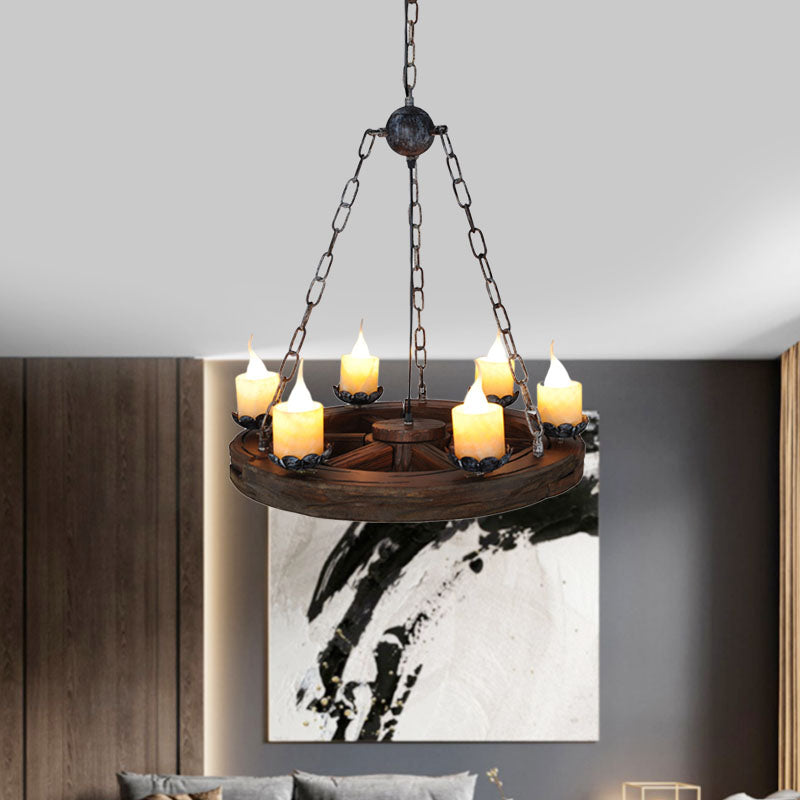 Marina - Marble Chandelier Lamp: Elegant 6 - Head Pendant With Wood Wheel Design