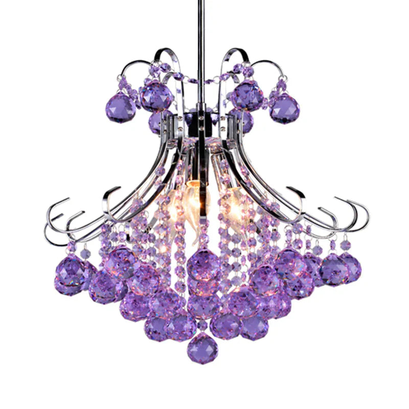 Traditional Raindrop 3 Bulb Purple/Red Faceted Crystal Ball Down Lighting In Chrome