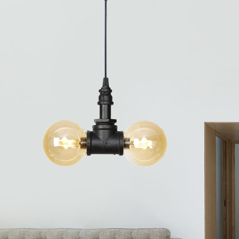 Alfa - Industrial Coffee House Suspension Lamp With Globe/Capsule Amber Glass Black / A