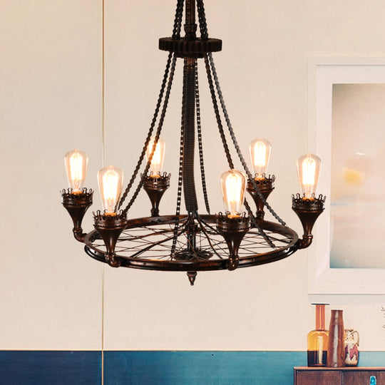 Alniyat - Vintage Rust Wheel Chandelier Pendant Light Industrial Metallic 6 - Bulb Restaurant