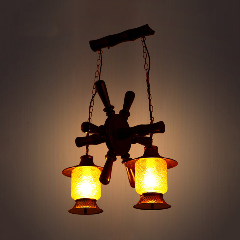 Vanessa - Kerosene Chandelier Lamp 2 Lights Yellow Grid Glass Pendant Ceiling
