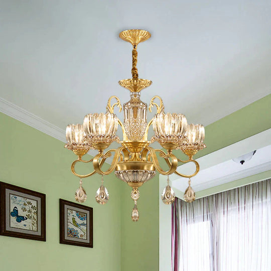 Traditional Lotus Hanging Chandelier 3/5 - Light Clear Crystal Glass Ceiling Pendant Lamp In Brass