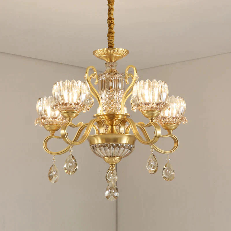 Traditional Lotus Hanging Chandelier 3/5 - Light Clear Crystal Glass Ceiling Pendant Lamp In Brass