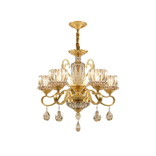 Traditional Lotus Hanging Chandelier 3/5 - Light Clear Crystal Glass Ceiling Pendant Lamp In Brass