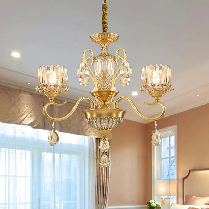 Traditional Lotus Hanging Chandelier 3/5 - Light Clear Crystal Glass Ceiling Pendant Lamp In Brass