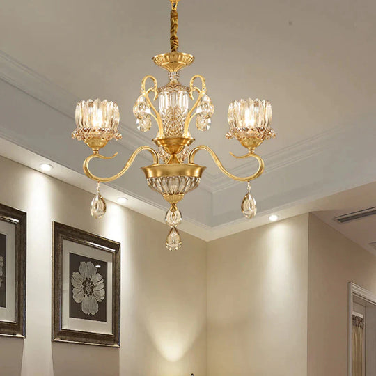 Traditional Lotus Hanging Chandelier 3/5 - Light Clear Crystal Glass Ceiling Pendant Lamp In Brass