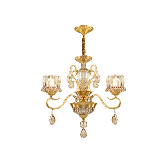 Traditional Lotus Hanging Chandelier 3/5 - Light Clear Crystal Glass Ceiling Pendant Lamp In Brass