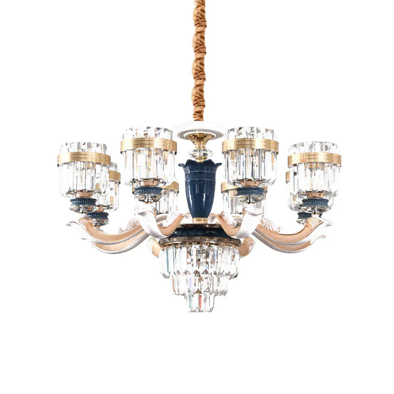 6/8 Heads Chandelier Lighting Traditional Cylindrical Clear Crystal Block Ceiling Hang Fixture