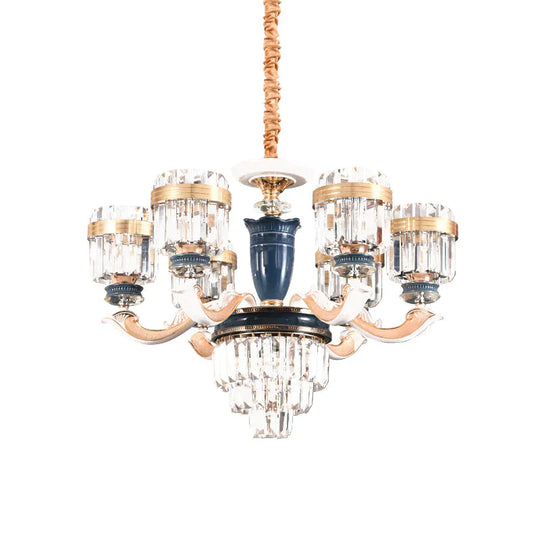6/8 Heads Chandelier Lighting Traditional Cylindrical Clear Crystal Block Ceiling Hang Fixture