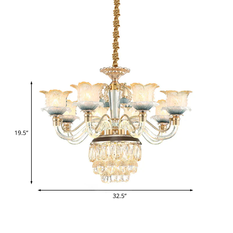 Flower Crystal Hanging Ceiling Light Traditional 8 - Bulb Living Room Chandelier Lamp In Gold