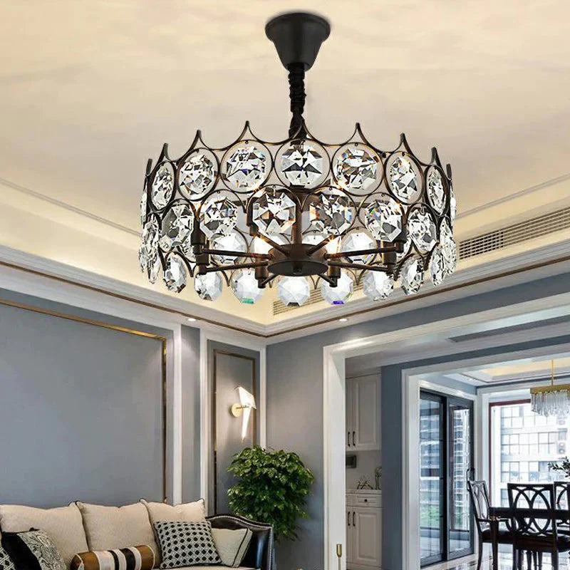 Circle Beveled Crystal Chandelier Traditional 6 Lights Living Room Hanging Ceiling Light In Black