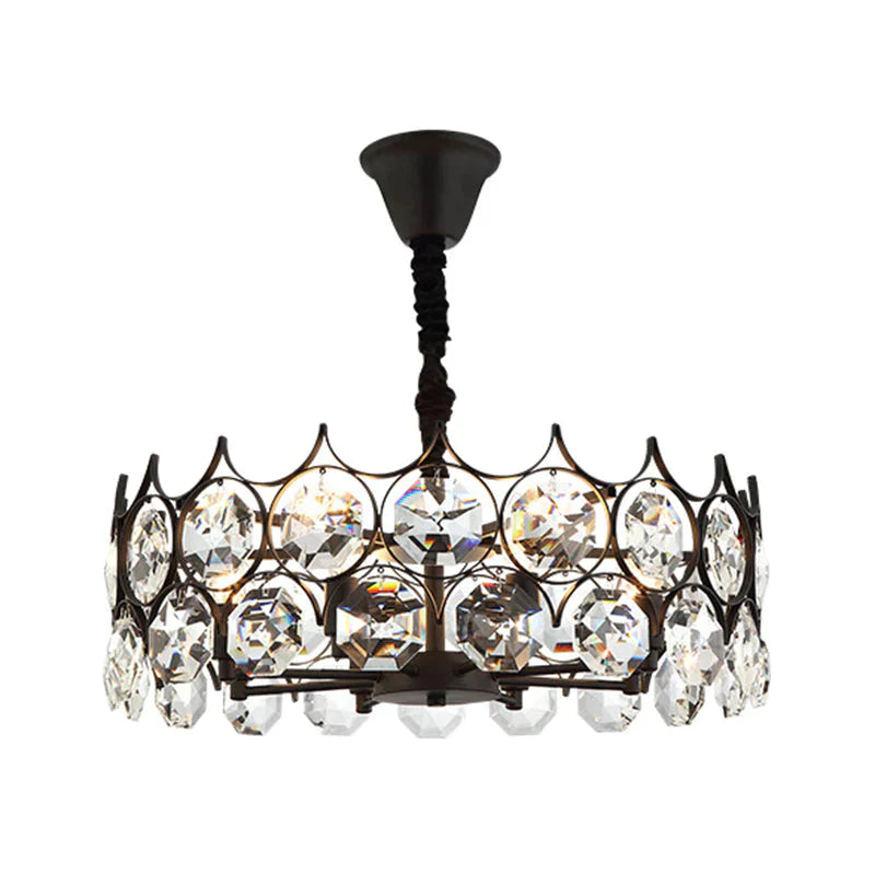 Circle Beveled Crystal Chandelier Traditional 6 Lights Living Room Hanging Ceiling Light In Black