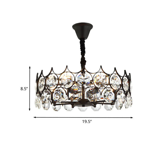 Circle Beveled Crystal Chandelier Traditional 6 Lights Living Room Hanging Ceiling Light In Black