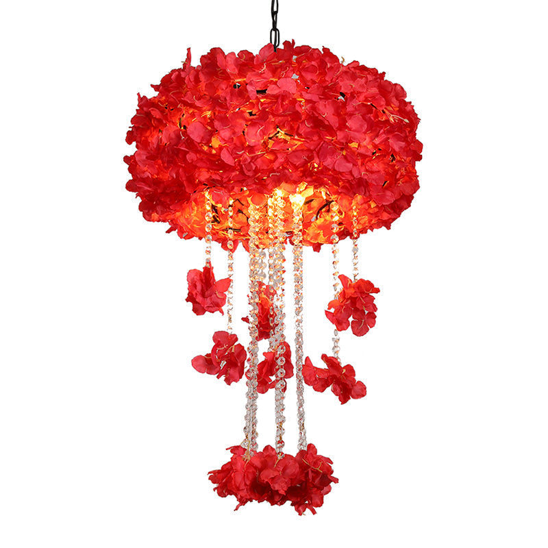 Beatrice - Vintage Round Cage Restaurant Chandelier Iron 4 - Bulb Red Flower Ceiling Hang Fixture