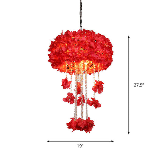 Beatrice - Vintage Round Cage Restaurant Chandelier Iron 4 - Bulb Red Flower Ceiling Hang Fixture