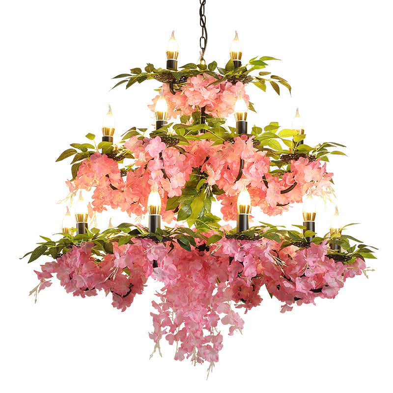 Alchiba - Pink 3 - Tier Candle Iron Chandelier Elegant 21 - Head Restaurant Flower