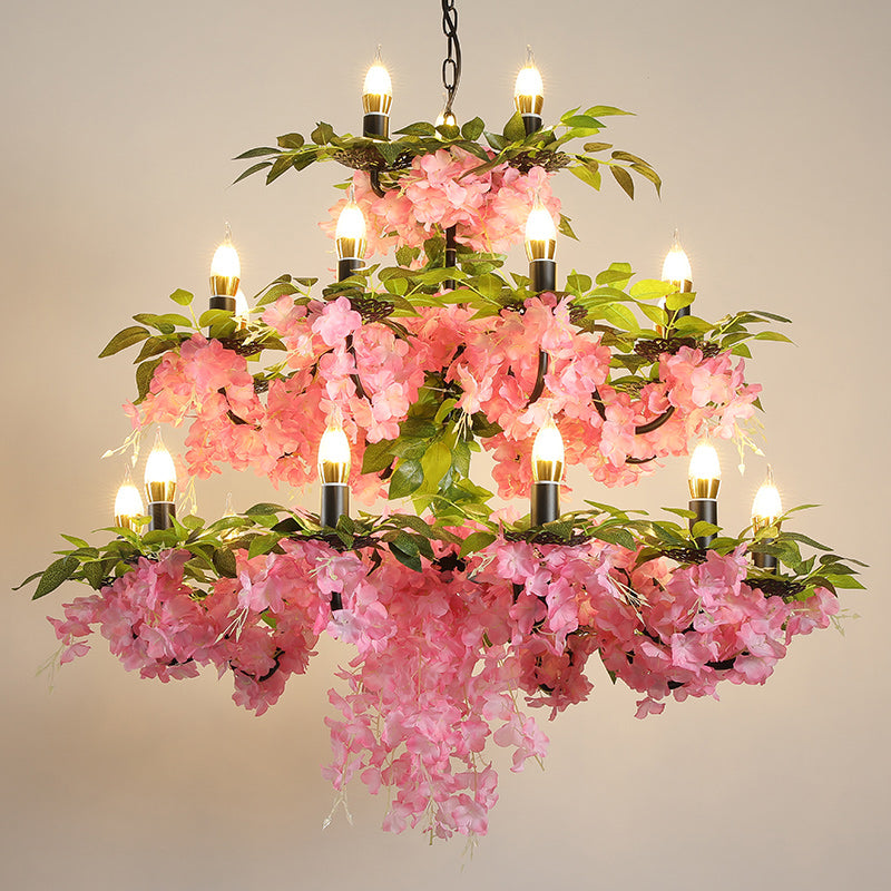 Alchiba - Pink 3 - Tier Candle Iron Chandelier Elegant 21 - Head Restaurant Flower