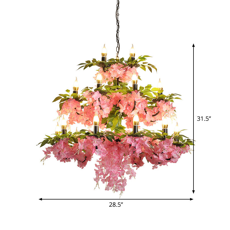 Alchiba - Pink 3 - Tier Candle Iron Chandelier Elegant 21 - Head Restaurant Flower