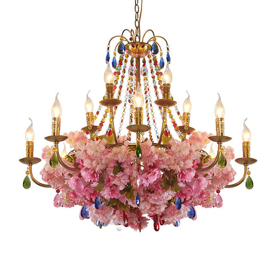 Leah - Antique Candlestick Restaurant Hanging Chandelier Iron 6/12 Lights Gold Flower Pendant With