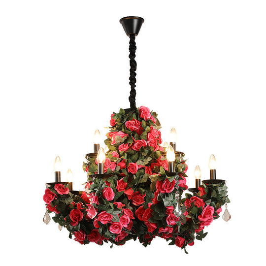 Mia - Red 12 - Bulb Hanging Chandelier Retro Candle Iron Flower Ceiling Pendant In With Clear