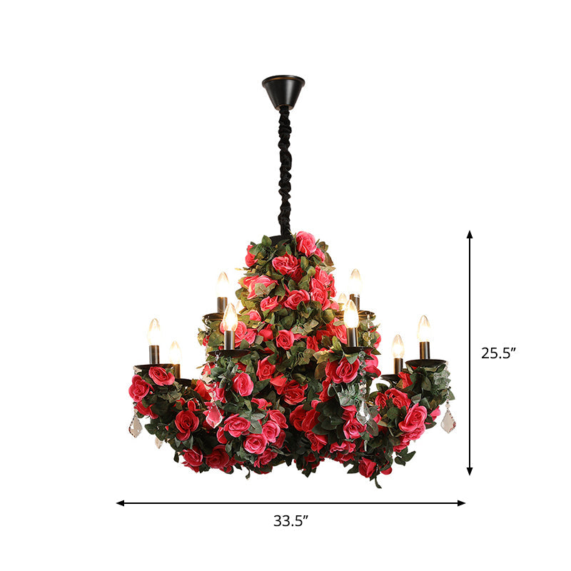 Mia - Red 12 - Bulb Hanging Chandelier Retro Candle Iron Flower Ceiling Pendant In With Clear