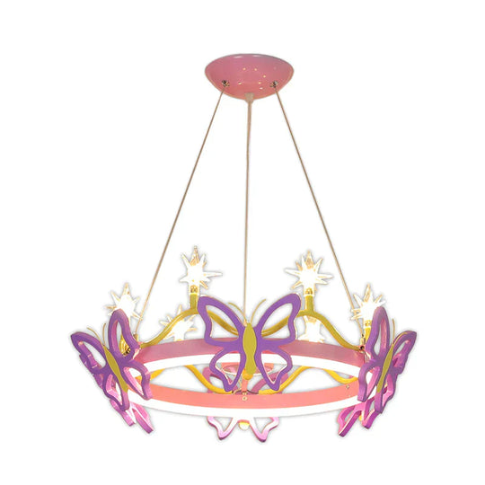 7 Bulbs Girl Room Hanging Chandelier Kid Pink Pendant Lamp With Butterfly/Crown Acrylic Shade