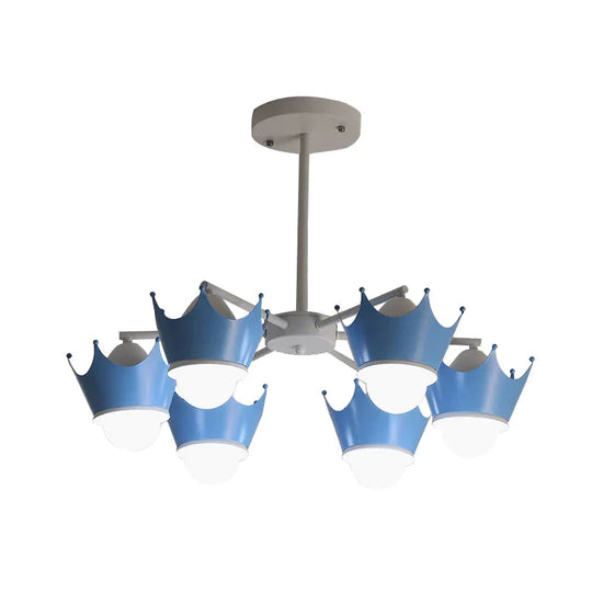 Radial Iron Ceiling Chandelier Kid 6/8 Bulbs Yellow/Blue Hanging Pendant Light With Crown Lamp Shade