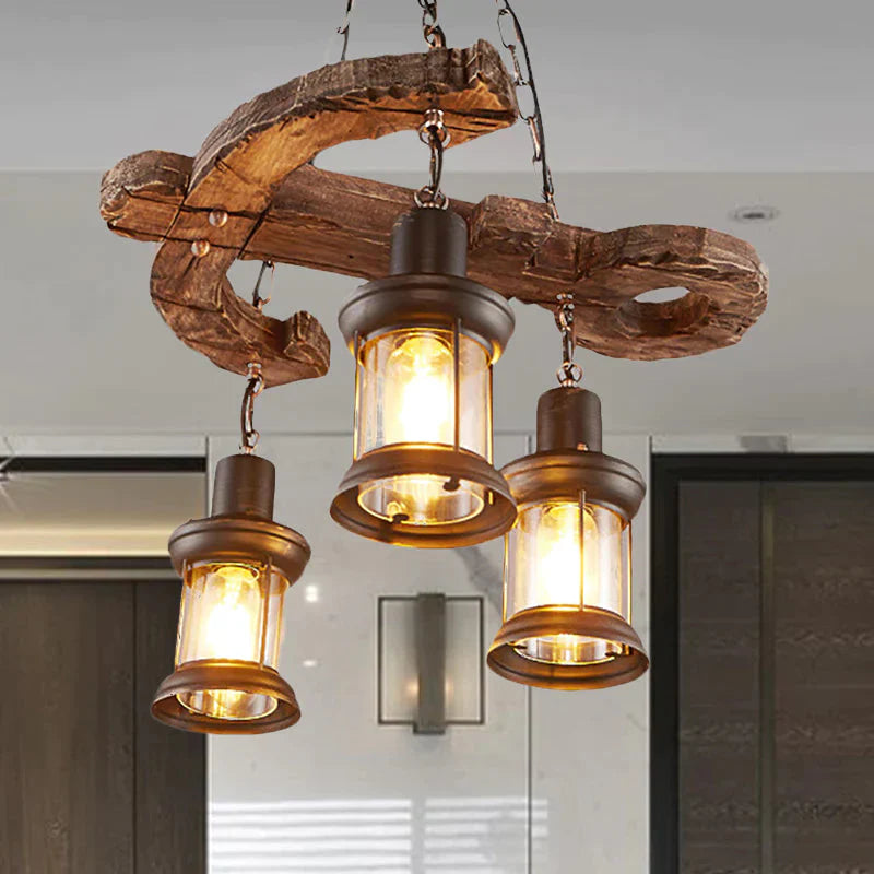 3 Lights Ceiling Light Fixture Coastal Kerosene Clear Glass Pendant Chandelier In Black With Wooden