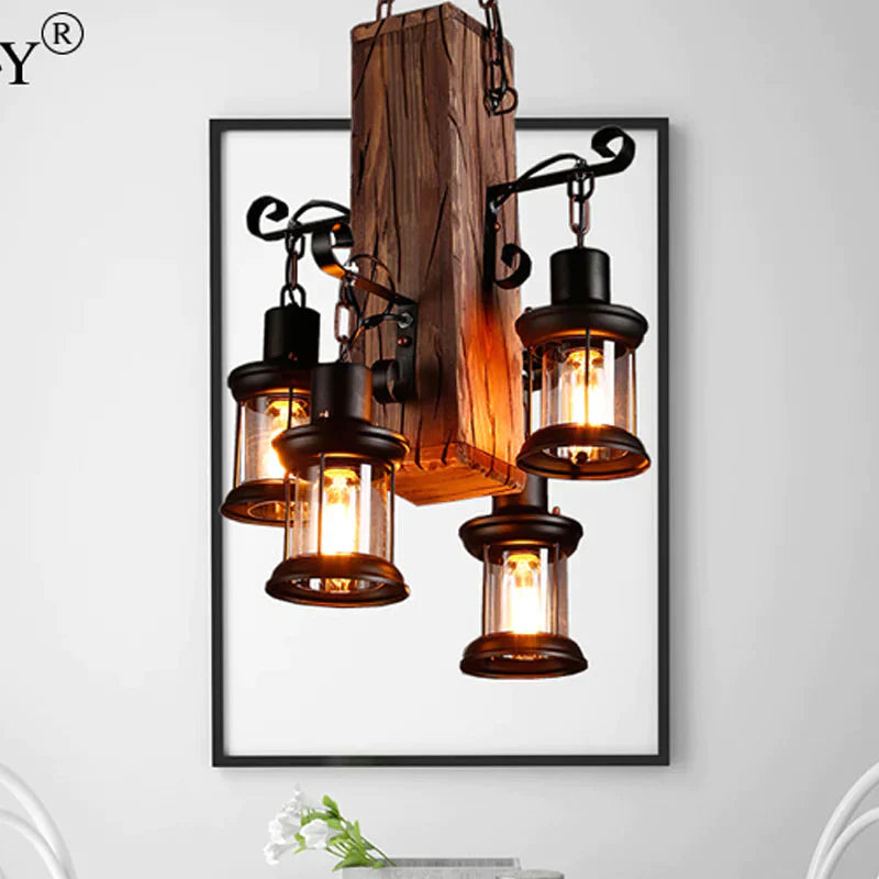 Black 4 Lights Chandelier Light Fixture Industrial Clear Glass Lantern Pendant Lamp With Wooden Beam