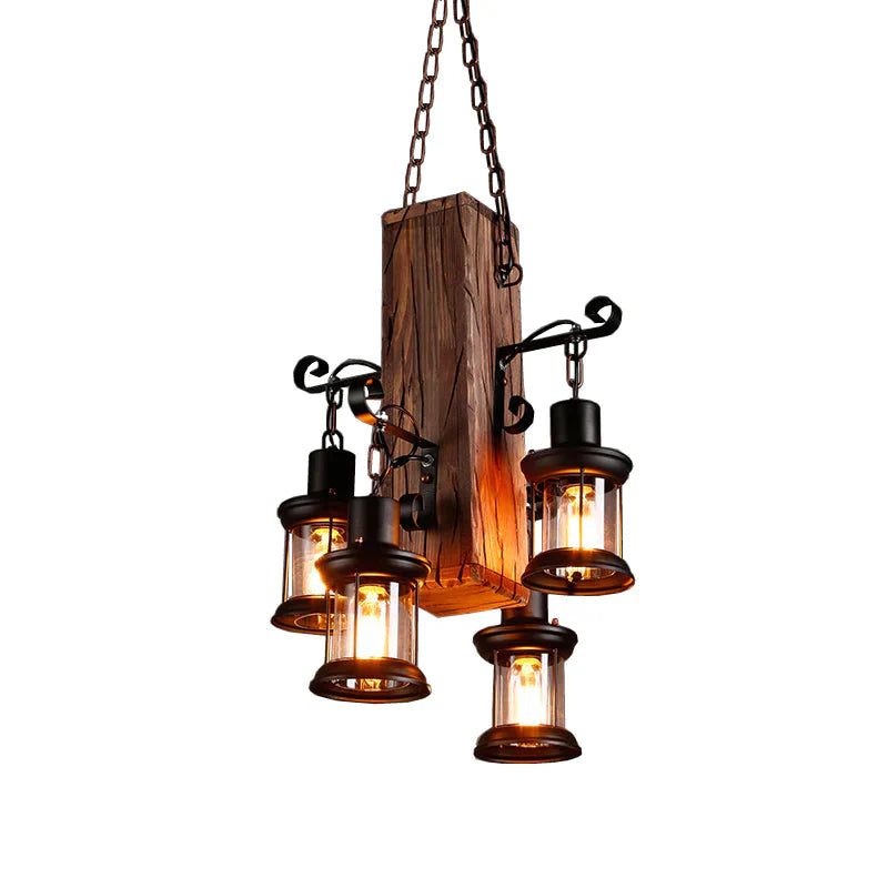 Black 4 Lights Chandelier Light Fixture Industrial Clear Glass Lantern Pendant Lamp With Wooden Beam