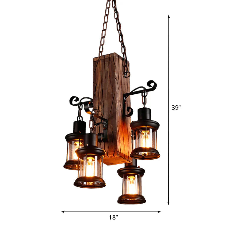 Black 4 Lights Chandelier Light Fixture Industrial Clear Glass Lantern Pendant Lamp With Wooden Beam