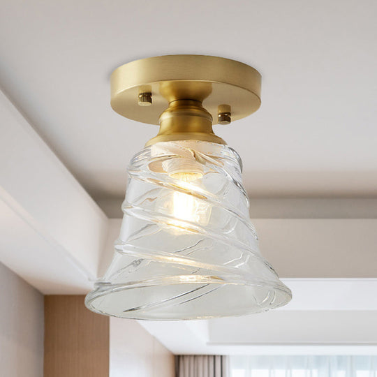 Industrial - Style Cone Glass Ceiling Light - Single Bulb Semi Flush Mount Fixture In Brass With