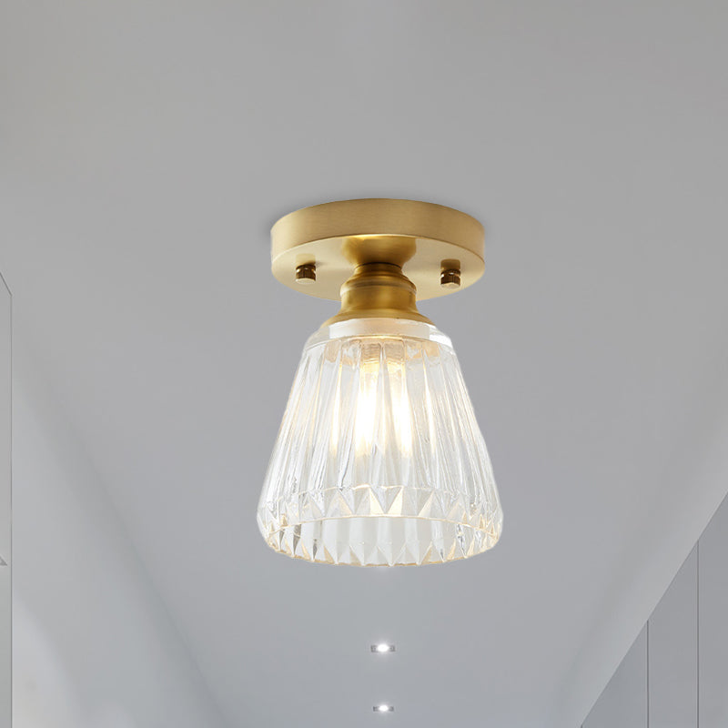 Industrial - Style Cone Glass Ceiling Light - Single Bulb Semi Flush Mount Fixture In Brass With