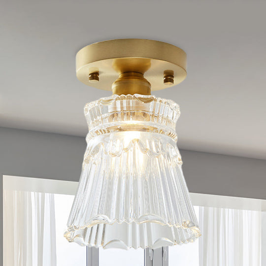 Industrial - Style Cone Glass Ceiling Light - Single Bulb Semi Flush Mount Fixture In Brass With