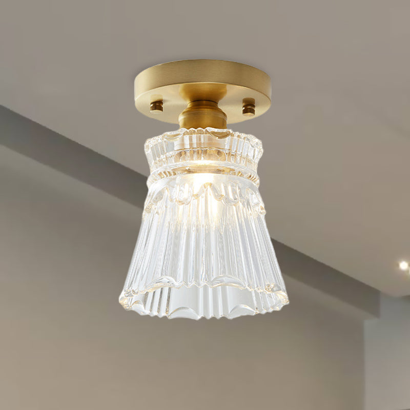 Industrial - Style Cone Glass Ceiling Light - Single Bulb Semi Flush Mount Fixture In Brass With