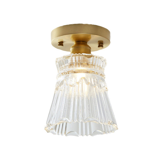 Industrial - Style Cone Glass Ceiling Light - Single Bulb Semi Flush Mount Fixture In Brass With