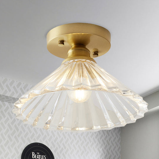 Industrial - Style Cone Glass Ceiling Light - Single Bulb Semi Flush Mount Fixture In Brass With