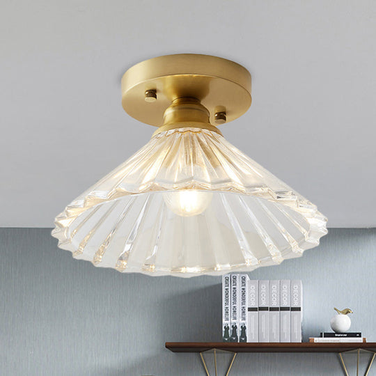 Industrial - Style Cone Glass Ceiling Light - Single Bulb Semi Flush Mount Fixture In Brass With