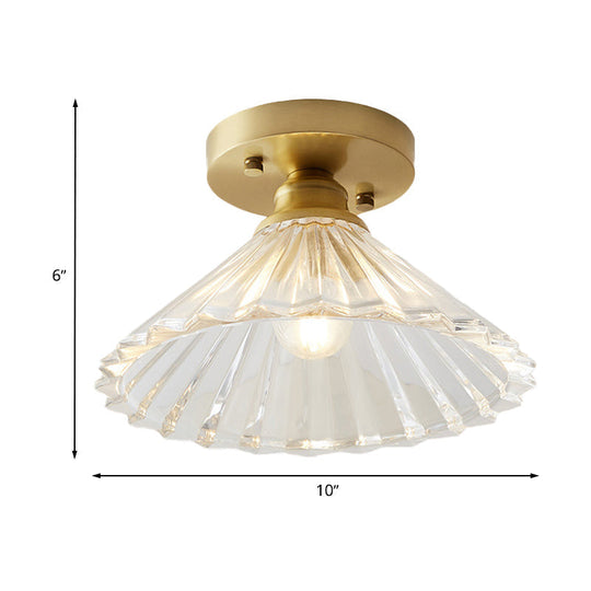 Industrial - Style Cone Glass Ceiling Light - Single Bulb Semi Flush Mount Fixture In Brass With