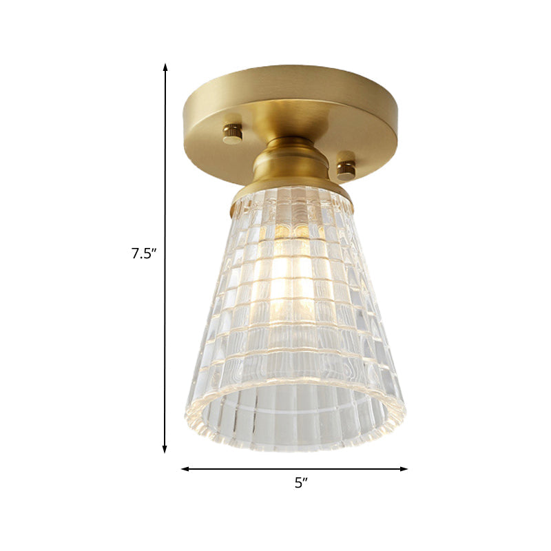 Industrial - Style Cone Glass Ceiling Light - Single Bulb Semi Flush Mount Fixture In Brass With