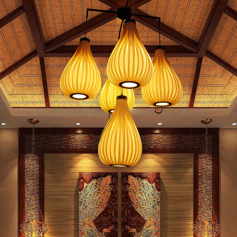 Wood Veneer Teardrop Pendant Light Asian Style 5 - Light Brown/Dark Brown Hanging Fixture For